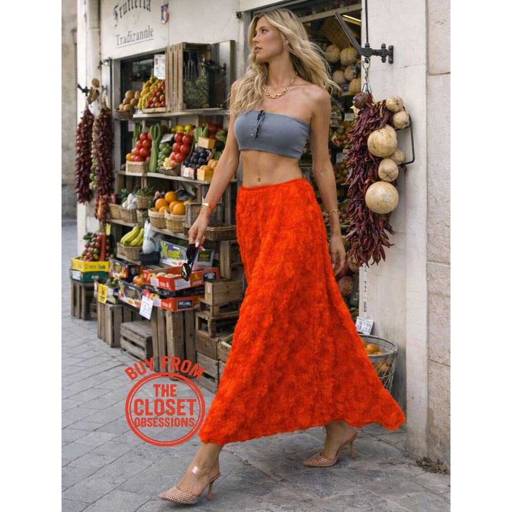 ZARA Floral Voluminous Midi Skirt NWT | Red Textured A-Line - Picture 2 of 16